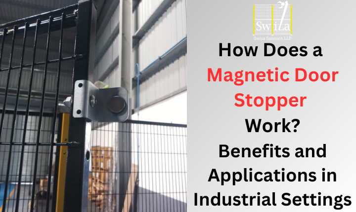 Magnetic door stopper holding a door open in an industrial setting